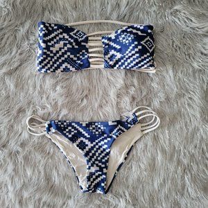 2 Piece Strappy Bikini Swimsuit Blue White Bandeau Top Bathing Suit Beach Medium
